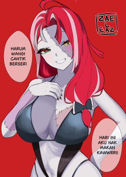 1girl ahoge alternate_form bow breasts colored_skin grey_skin heterochromia highres hololive hololive_indonesia indonesian_text jaheterbang large_breasts long_hair looking_at_viewer mismatched_pupils multicolored_hair multicolored_skin patchwork_skin pink_hair red_eyes red_hair sallie_(kureiji_ollie) signature smile solo stitched_arm stitched_face stitches swimsuit symbol-shaped_pupils translation_request two-tone_skin virtual_youtuber x-shaped_pupils yellow_eyes zombie