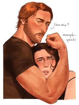 ! 1boy 1girl ? alternate_costume arm_hair arthur_morgan beard belle_(kunnuscumnus) biceps black_camisole black_shirt blonde_hair blue_eyes brown_eyes camisole commentary contemporary curled_fingers english_text eyelashes facial_hair green_eyes head_on_another&#039;s_arm hetero highres kunnuscumnus looking_at_another looking_at_viewer mature_male mole mole_under_eye multiple_scars muscular muscular_male one_eye_closed original outside_border parted_lips red_dead_redemption_(series) red_dead_redemption_2 scar scar_on_arm shirt short_hair side_part simple_background symbol-only_commentary t-shirt teeth tight_clothes tight_shirt upper_body wavy_ends white_background