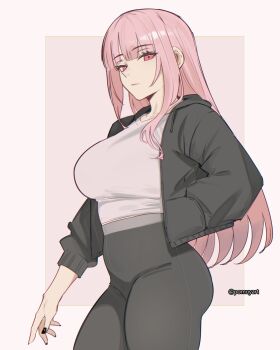 Rule 34 | 1girl, alternate costume, asymmetrical sidelocks, black jacket, black nails, black pants, blunt bangs, breasts, closed mouth, commentary, english commentary, hand in pocket, high-waist pants, highres, hololive, hololive english, hood, hooded jacket, jacket, large breasts, long hair, looking at viewer, mori calliope, nail polish, pants, pink eyes, pink hair, pomuya, shirt, sidelocks, simple background, solo, straight hair, virtual youtuber, white shirt, yoga pants