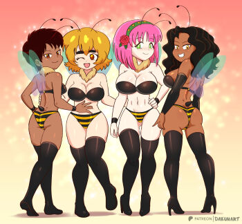 4girls antennae arm_around_waist arthropod_girl ass bee_girl bee_wings black_boots black_bra black_hair blonde_hair blush boots bra breasts brown_eyes brown_hair dakunart dark_skin earrings flower fur_collar green_eyes grin hair_flower hair_ornament hairband hand_on_another&#039;s_stomach hand_on_own_hip high_heels highres insect_girl insect_wings jewelry large_breasts long_hair looking_at_viewer medium_breasts mely multiple_girls navel one_eye_closed open_mouth original panties pink_hair rose short_hair small_breasts smile standing star-shaped_pupils star_(symbol) stinger striped_clothes striped_panties symbol-shaped_pupils teeth thigh_boots tomboy underwear vera_(dakunart) wings wink wristband xime_(dakunart) xiomara_(dakunart) yellow_background yellow_eyes yellow_panties