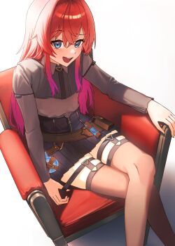Rule 34 | 1girl, :d, ange katrina, ange katrina (lab coat), arm rest, armchair, belt, belt pouch, black necktie, black skirt, blue eyes, blush, brown belt, brown thighhighs, chair, collared shirt, commentary request, crossed bangs, crossed legs, doidamon, feet out of frame, flask, grey shirt, hair between eyes, high-waist skirt, highres, legwear garter, long hair, long sleeves, looking at viewer, miniskirt, multicolored eyes, necktie, nijisanji, open mouth, pleated skirt, pouch, purple eyes, raised eyebrow, red hair, round-bottom flask, shadow, shirt, shirt tucked in, simple background, sitting, skindentation, skirt, smile, solo, square-end necktie, strap pull, teeth, thighhighs, two-tone eyes, upper teeth only, very long hair, virtual youtuber, white background