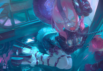 1=2 2girls bdsm bikini bikini_under_clothes black_bodysuit blue_eyes bobby_socks bodysuit bonnet bound bound_arms breast_cutout chain chain_leash commentary english_commentary eyelashes flat_chest gag half-closed_eyes highres latex leash mask medium_hair mixed-language_commentary mouth_mask multiple_girls original panel_gag pantyhose pink_hair platform_footwear platform_heels sitting socks solo_focus swimsuit white_pantyhose