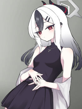 1girl alternate_costume bare_shoulders black_hair black_horns black_shirt black_skirt blue_archive breasts bright_pupils closed_mouth cross cross_necklace demon_horns ear_piercing earclip gradient_hair grey_halo hair_between_eyes hair_ornament hairclip halo highres hncstk horns jacket jacket_partially_removed jewelry kayoko_(blue_archive) long_eyelashes long_hair looking_at_viewer multicolored_hair necklace own_hands_together parallel_hairclips piercing pleated_skirt problem_solver_68_(blue_archive) raised_eyebrows red_eyes shirt sidelocks simple_background skirt sleeveless sleeveless_turtleneck small_breasts solo standing turtleneck two-tone_hair white_hair white_jacket white_pupils