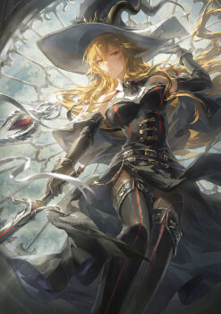 1girl ambience_synesthesia animal_ears arknights arm_up ascot bare_shoulders belt black_ascot black_boots black_dress black_gloves black_hat blonde_hair blurry blurry_foreground boots breasts closed_mouth commentary degenbrecher_(arknights) degenbrecher_(the_shadow_of_the_dark_moon)_(arknights) dress elbow_gloves english_commentary gloves goat_ears goat_girl goat_horns hair_between_eyes hat helen_zzhao highres holding holding_staff holding_sword holding_weapon horns horns_through_headwear large_breasts large_hat long_hair looking_at_viewer official_alternate_costume pantyhose ribbon solo sparkle staff sword thigh_boots two-sided_fabric two-sided_headwear wallet_chain weapon witch_hat yellow_eyes