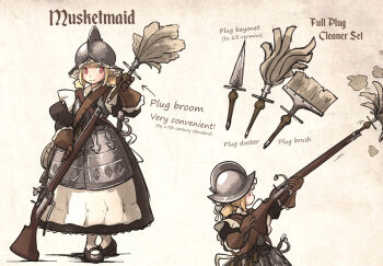 1girl armor armored_dress bandolier bayonet belt blonde_hair broom dress duster english_text feather_duster gloves gun helmet highres ironlily leather leather_gloves maid mary_janes multiple_views musket original red_eyes sheath sheathed shoes short_twintails socks twintails weapon white_socks