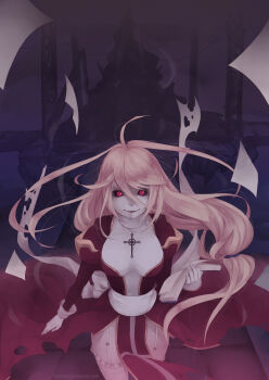 1girl absurdres ahoge aura back_bow bio_lab black_sclera book bow breasts colored_sclera commentary cowboy_shot cross dress english_commentary floating_hair garter_straps hair_between_eyes high_priest_(ragnarok_online) highres holding holding_book juliet_sleeves long_bangs long_hair long_sleeves looking_at_viewer low-tied_long_hair margaretha_sorin medium_breasts nanoless open_book open_mouth pelvic_curtain puffy_sleeves ragnarok_online red_dress red_eyes ruins sash smile solo steel_beam thighhighs two-tone_dress white_bow white_dress white_sash white_thighhighs wire