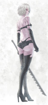 1girl a2_(nier:automata) absurdres android armband ass bare_shoulders black_armband black_boots black_gloves blue_eyes boots breasts closed_mouth commentary eyelashes from_behind full_body glint gloves grey_hair high_heel_boots high_heels highres holding holding_sword holding_weapon joints looking_to_the_side mole mole_under_mouth nier:automata nier_(series) robot_joints short_hair small_breasts solo standing sword thigh_boots tomozoo83 weapon