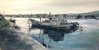 Rule 34 | boat, building, buoy, day, dock, highres, house, latex cult, no humans, original, painting (medium), reflection, reflective liquid, scenery, shore, traditional media, water, watercraft