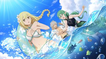 :o abs air_bubble aiz_wallenstein animal_ears anime_coloring bare_arms bete_loga bikini black_choker black_one-piece_swimsuit blonde_hair blue_sky braid breasts brown_eyes bubble casual_one-piece_swimsuit choker covering_one_breast covering_privates criss-cross_halter danmachi_battle_chronicle dungeon_ni_deai_wo_motomeru_no_wa_machigatteiru_darou_ka elf facial_hair floral_print_one-piece_swimsuit flower game_cg green_eyes green_hair grey_hair hair_flower hair_ornament halterneck hands_up highres holding holding_swim_ring innertube light_blush long_hair looking_at_another looking_at_viewer low-braided_long_hair low-tied_long_hair male_swimwear medium_breasts navel non-web_source ocean official_art one-piece_swimsuit open_clothes open_mouth open_shirt parted_lips partially_submerged partially_underwater_shot pointy_ears reaching reaching_towards_another riveria_ljos_alf shirt short_hair single_braid sky stomach sweatdrop swim_ring swim_trunks swimsuit transparent_innertube tropical_fish untied_bikini_top wardrobe_malfunction water_drop white_bikini white_flower white_shirt wolf_boy wolf_ears yellow_eyes