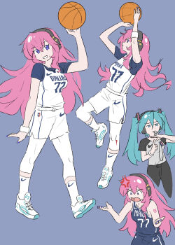 2girls ball basketball basketball_(object) basketball_uniform blue_eyes blue_hair dallas_mavericks hatsune_miku highres megurine_luka multiple_girls national_basketball_association nike_(company) pink_hair referee shoes sneakers sportswear truffleduster twintails vocaloid