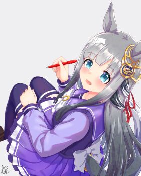 1girl absurdres animal_ears blue_eyes blunt_bangs blush bow bowtie breasts chrono_genesis_(umamusume) collarbone commentary_request grey_hair hair_between_eyes hair_ornament highres holding holding_pen horse_ears horse_girl horse_tail long_hair looking_at_viewer open_mouth pen pleated_skirt purple_sailor_collar purple_serafuku purple_shirt purple_skirt purple_thighhighs sailor_collar sailor_shirt school_uniform serafuku shirt shoes simple_background skirt smile solo tail thighhighs tracen_school_uniform umamusume white_bow white_bowtie yashimo_1875