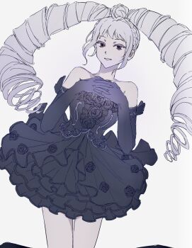 Rule 34 | 1girl, amou june, bare shoulders, black dress, black flower, black gloves, black rose, braid, dress, drill hair, elbow gloves, flower, gloves, grey hair, hands up, highres, interlocked fingers, long hair, looking at viewer, own hands together, poteto (mochimochinc), pretty rhythm, pretty rhythm rainbow live, pretty series, rose, simple background, smile, solo, standing, strapless, strapless dress, twin drills, twintails, very long hair, white background