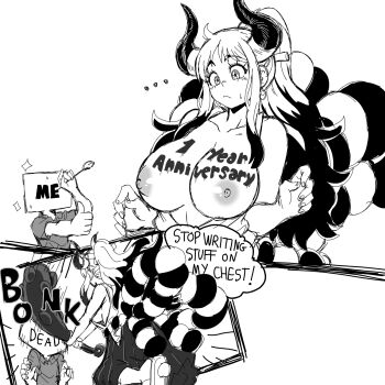 ... 1boy 1girl ahoge anniversary artist_self-insert bare_arms bare_shoulders blush body_writing breasts breasts_apart breasts_out chest_tattoo club club_(weapon) collarbone commentary curled_horns earrings english_text faceless faceless_male facing_viewer hair_ornament hair_stick hakama height_difference hetero highres holding holding_pencil holding_weapon hoop_earrings horns huge_breasts japanese_clothes jewelry kanabou kimono lewdamone long_hair looking_at_another monochrome nipples no_bra one_piece oni open_clothes open_kimono pencil raised_eyebrows rope shimenawa shiny_skin shirt sidelocks simple_background sleeveless sleeveless_kimono stomach sweat tall_female tattoo thumbs_up very_long_hair violence weapon white_hair wide-eyed writing_on_breasts yamato_(one_piece)