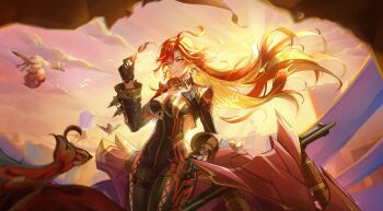 Rule 34 | 1girl, ahoge, biker clothes, bikesuit, bird, black bodysuit, black gloves, blonde hair, bodysuit, breasts, closed mouth, colored inner hair, commentary request, cowboy shot, earrings, flamestrider (genshin impact), floating hair, genshin impact, gloves, hair between eyes, hand up, highres, holding, holding removed eyewear, jewelry, large breasts, long hair, long sleeves, looking at viewer, manyu chapaofan, mavuika (genshin impact), motor vehicle, motorcycle, multicolored hair, orange eyes, orange hair, orange pupils, outdoors, partially unzipped, qucusaurus (genshin impact), smile, solo, sun, sun earrings, sunglasses, sunlight, sunrise, unworn eyewear, very long hair