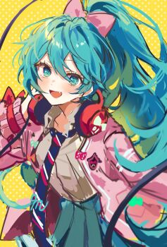1girl blue_eyes blue_hair blue_skirt blush bow dots fang hair_between_eyes hair_bow hatsune_miku hatsune_miku_(ribbon_girl) headphones headphones_around_neck high_ponytail highres jacket kanon_25ji looking_at_viewer necktie open_clothes open_jacket open_mouth pink_jacket pleated_skirt polka_dot polka_dot_background ponytail project_diva_(series) sketch skirt smile solo vocaloid yellow_background