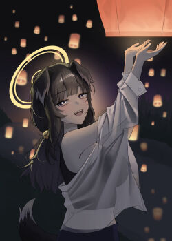 1girl alternate_costume animal_ears arms_up bare_shoulders black_eyes black_hair black_tank_top blue_archive blush dog_ears dog_girl dog_tail halo hibiki_(blue_archive) highres lantern long_hair looking_at_viewer nickname25 open_mouth paper_lantern see-through_clothes see-through_shirt shirt sidelocks solo tail tank_top white_shirt yellow_halo