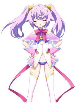 1girl back_ribbon bandeau bare_shoulders blue_bandeau blue_panties chaos;head chaos;head_love_chu_chu! chest_ribbon closed_eyes clothing_cutout earrings erin-fray_orgel facing_viewer fingerless_gloves flat_chest frown game_cg gloves gold_trim hair_ornament halterneck hands_on_own_hips horns jewelry long_hair looking_at_viewer magical_girl matsuo_yukihiro narrowed_eyes navel non-web_source off_shoulder official_art open_mouth panties petticoat purple_eyes purple_hair red_ribbon ribbon science_adventure solo sprite star_(symbol) star_hair_ornament thighhighs thighs transparent_background triangle_mouth twintails underboob_cutout underwear weapon white_horns white_thighhighs zettai_ryouiki