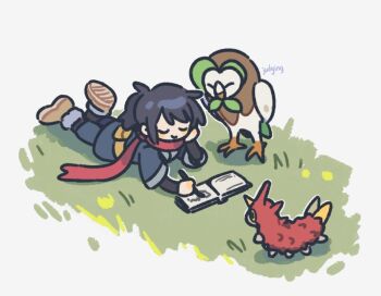 1boy black_hair black_shirt closed_eyes closed_mouth dartrix gen_3_pokemon gen_7_pokemon grass head_rest holding jacket jen_(aaasylum) lying male_focus nintendo on_stomach pokemon pokemon_(creature) pokemon_legends:_arceus ponytail red_scarf rei_(pokemon) scarf shirt shoes signature smile wurmple