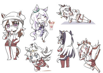6+girls :t ahoge animal_ears arm_support beanie beer_hsk black_bow black_hair blush bow breasts brown_hair chibi closed_eyes closed_mouth commentary_request ears_through_headwear eating food grey_eyes grey_hair grey_hat groin gym_shirt gym_shorts gym_uniform hat holding holding_spoon horse_ears horse_girl horse_tail jacket long_hair medium_breasts mejiro_mcqueen_(umamusume) mejiro_ryan_(umamusume) multicolored_hair multiple_girls nakayama_festa_(umamusume) narita_brian_(umamusume) navel oguri_cap_(umamusume) pants parfait pleated_skirt ponytail purple_hair purple_shirt red_jacket red_pants red_shoes red_shorts running sakura_bakushin_o_(umamusume) school_uniform shadow shirt shoes short_eyebrows shorts sitting skirt socks spoon swept_bangs tail thick_eyebrows thighhighs tracen_school_uniform track_jacket track_pants track_suit two-tone_hair umamusume v-shaped_eyebrows very_long_hair white_background white_hair white_shirt white_skirt white_socks white_thighhighs