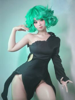 Rule 34 | 1girl, black dress, bottomless, collarbone, dress, green eyes, makeup, neneko0814, no panties, one-punch man, pelvic curtain, real life, tatsumaki, torn clothes, torn dress