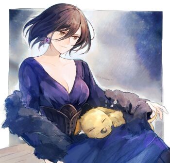 black_hair border breasts brown_corset brown_eyes cleavage closed_mouth collarbone corset dog dog_on_lap dress earrings freckles highres jewelry large_breasts leaf_(esabacoo) octopath_traveler octopath_traveler_ii outside_border purple_dress short_hair sitting sleeping smile squeans throne_anguis white_border zzz
