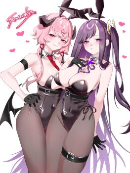 2girls animal_ears belt bernina_(stella_sora) black_gloves black_hair black_horns black_wings breasts chitose_(stella_sora) cross demon_horns demon_wings detached_collar fake_animal_ears gloves half_gloves hand_on_own_chest hand_on_own_hip heart high_belt highres horns inverted_cross large_breasts leg_belt leotard long_hair looking_at_viewer low-tied_sidelocks low_wings multiple_girls necktie one_side_up pantyhose parted_lips pink_hair playboy_bunny purple_eyes purple_hair purple_ribbon red_eyes red_necktie ribbon sanzakasun short_hair short_hair_with_long_locks sidelocks stella_sora strapless strapless_leotard very_long_hair white_background wings