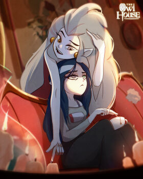 2girls annoyed black_dress blue_eyes blue_hair candle closed_mouth couch cup dress edalyn_clawthorne grey_eyes grey_hair grey_shirt heterochromia highres lambgoesba lilith_clawthorne long_hair looking_up mature_female mature_female multiple_girls nail_polish open_mouth pale_skin pointy_ears red_dress shirt siblings sisters sitting tea teacup the_owl_house witch_(the_owl_house) yellow_eyes yellow_nails