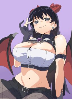 1girl absurdres arato_nagi bare_shoulders black_hair black_shorts blue_eyes breasts cleavage cleavage_cutout clothing_cutout commentary_request demon_horns demon_wings earrings fishnet_pantyhose fishnets highres horns jewelry large_breasts long_hair looking_at_viewer looking_down midriff navel pantyhose purple_background ruri_no_houseki short_shorts shorts simple_background soutou_nagi wings