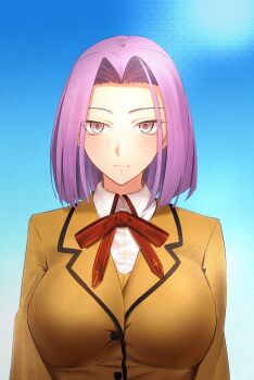 1girl alternate_hair_length alternate_hairstyle breasts commentary_request fate_(series) forehead highres homurabara_academy_school_uniform large_breasts medusa_(fate) minami_koyogi pink_eyes portrait purple_hair school_uniform serious solo square_pupils