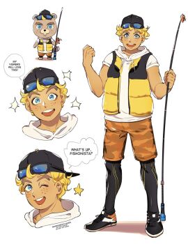 ! 1boy ? animal_crossing animal_ears beaver_ears beaver_tail blonde_hair blue_eyes blush c.j._(animal_crossing) darkgreyclouds eyewear_on_head fishing_rod freckles hat male_focus nintendo one_eye_closed open_mouth personification shadow solo star_(symbol) sunglasses tail teeth white_background