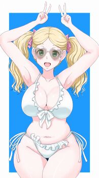 1girl armpits arms_up bikini blonde_hair blue_background bow breasts carol_olston double_v green_eyes hair_bow heart heart-shaped_eyewear highres large_breasts midriff navel osage_gankyou pink_bow side-tie_bikini_bottom sunglasses swimsuit thighs tomo-chan_wa_onna_no_ko twintails v white_bikini