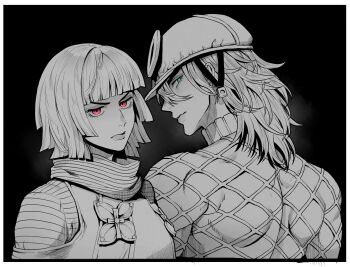 1boy 1girl argyle_clothes argyle_sweater black_background blue_eyes blunt_bangs border capelet closed_mouth clothing_cutout cross_ornament diego_brando flower_ornament from_behind greyscale helmet highres hot_pants_(sbr) jojo_no_kimyou_na_bouken kmy_muda looking_at_viewer looking_back medium_hair monochrome pink_eyes scarf shirt short_hair shoulder_cutout spot_color steel_ball_run sweater turtleneck turtleneck_sweater upper_body white_border