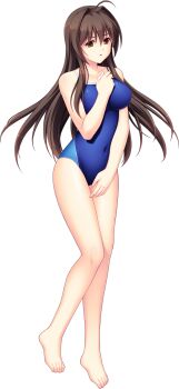 1girl ahoge barefoot blue_one-piece_swimsuit breasts brown_eyes brown_hair collarbone competition_school_swimsuit competition_swimsuit covered_navel full_body game_cg hair_intakes hand_on_own_chest highres large_breasts large_variant_set long_hair maishima_yuri nerawareta_megami_tenshi_angel_tear non-web_source official_art one-piece_swimsuit school_swimsuit solo standing swimsuit tachi-e transparent_background tsukumo_kazuita variant_set