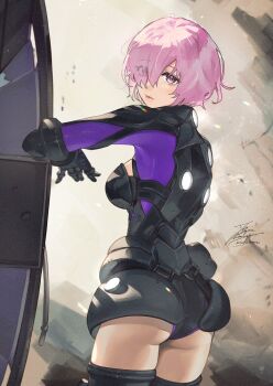 1girl ass breasts cleavage fadingz fate/grand_order fate_(series) large_breasts looking_at_viewer mash_kyrielight mash_kyrielight_(ortenaus) pink_hair purple_eyes shield short_hair signature solo