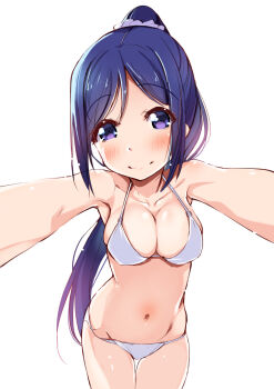 Rule 34 | 1girl, bikini, blue hair, cowboy shot, female focus, groin, halterneck, kurozu, long hair, looking at viewer, love live!, love live! sunshine!!, lowleg, lowleg bikini, matsuura kanan, navel, ponytail, pov, purple eyes, simple background, smile, solo, standing, string bikini, swimsuit, white background, white bikini