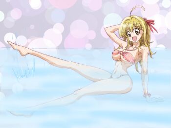 1girl ahoge barefoot bikini blonde_hair breasts brown_eyes commentary_request jewelry kinfuji large_breasts medium_breasts mermaid_melody_pichi_pichi_pitch nanami_lucia necklace o-ring o-ring_bikini pink_bikini shell shell_necklace smile solo strapless strapless_bikini swimsuit water