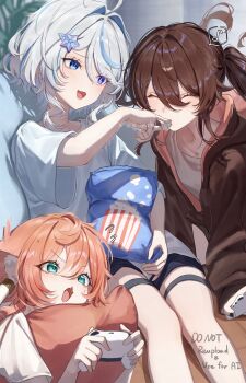 3girls ^_^ absurdres aqua_eyes bag blue_eyes blue_hair blush closed_eyes commentary controller drop-shaped_pupils eating feeding food furina_(genshin_impact) game_controller genshin_impact hair_between_eyes heterochromia highres holding holding_bag holding_controller holding_game_controller hu_tao_(genshin_impact) imasaki_kei long_hair looking_at_another medium_hair multicolored_hair multiple_girls musical_note open_mouth popcorn red_hair shirt streaked_hair symbol-only_commentary symbol-shaped_pupils twintails twitter_username very_long_hair white_hair white_shirt yanfei_(genshin_impact)