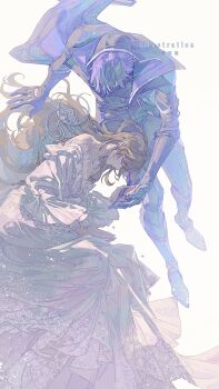 Rule 34 | 1boy, 1girl, bare shoulders, black coat, black gloves, brown hair, chaoxibumian, closed eyes, coat, commentary request, dress, gloves, hair between eyes, highres, holding hands, hood, hood up, hooded coat, long dress, long hair, long sleeves, love and deepspace, off-shoulder dress, off shoulder, protagonist (love and deepspace), puffy long sleeves, puffy sleeves, purple eyes, rafayel (love and deepspace), short hair, white background, white dress