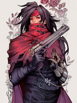 Rule 34 | 1boy, belt, belt buckle, black belt, black pants, buckle, cape, commentary, covered mouth, cowboy shot, english commentary, final fantasy, final fantasy vii, flower, gauntlets, grey background, gun, handgun, highres, holding, holding gun, holding weapon, leaf, long hair, looking to the side, male focus, multiple belts, pants, red cape, red eyes, red flower, rose, sideways glance, solo, standing, tholia bentz, vincent valentine, watermark, weapon