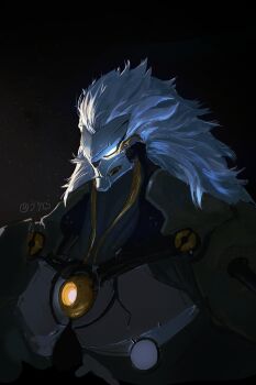 Rule 34 | 1boy, absurdres, banyue (zenless zone zero), black background, closed mouth, glowing, glowing eyes, grey hair, hashtag-only commentary, highres, humanoid robot, long hair, male focus, robot, robot boy, solo, upper body, vrtra enzyu, zenless zone zero