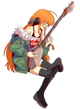 1girl ahoge behind-the-head_headphones black-framed_eyewear black_boots black_thighhighs blunt_bangs blush boots closed_eyes collarbone figure_four_sitting fur-trimmed_jacket fur_trim glasses green_jacket headphones highres instrument invisible_chair jacket knee_boots long_hair music off_shoulder open_mouth orange_hair persona persona_5 playing_instrument print_shirt sakura_futaba shamisen shirt shorts simple_background sitting smile solo thighhighs white_background yomyompi