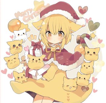 1girl :o animal_ears ball blob blob_(google) blonde_hair blush bow brooch candy candy_cane capelet cat cat_brooch cat_ears cat_girl checkerboard_cookie christmas christmas_present commentary cookie dress english_text facing_viewer feet_out_of_frame food fur-trimmed_capelet fur-trimmed_headwear fur_trim gift hair_between_eyes hair_ornament hairclip hat heart heart_background highres holding holding_gift jewelry long_sleeves looking_at_creature medium_hair merry_christmas neck_ribbon notice_lines open_gift original parted_lips pom_pom_(clothes) red_bow red_capelet red_hat ribbon santa_hat shirasuame_shiromaru sleeves_past_wrists solo standing star_(symbol) tareme yellow_dress yellow_eyes yellow_ribbon