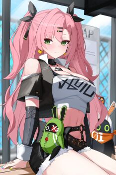 1girl absurdres amillion_(zenless_zone_zero) bangboo_(zenless_zone_zero) bare_shoulders belt black_choker black_jacket black_shorts breasts choker closed_mouth clothing_cutout crop_top cropped_jacket cutoffs detached_sleeves earrings eous_(zenless_zone_zero) green_eyes hair_ornament hair_ribbon hairclip hashtag-only_commentary highres jacket jewelry l_min109 large_breasts long_hair looking_at_viewer midriff mole mole_under_eye nail_polish navel nicole_demara open_clothes open_jacket parted_bangs pink_hair ribbon shirt short_shorts shorts shoulder_cutout sitting smile solo stomach studded_belt thighs two_side_up white_shirt zenless_zone_zero