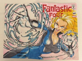 1girl barcode black_bodysuit black_gloves blonde_hair blue_bodysuit blue_eyes bodysuit breasts cleavage collarbone copyright_logo copyright_name cover_sketch cowboy_shot earrings fantastic_four floating_hair gloves godtail hashtag-only_commentary highres jewelry large_breasts logo long_hair looking_at_viewer marvel multicolored_bodysuit open_mouth partially_unzipped photo_(medium) pink_background solo sue_storm traditional_media two-tone_bodysuit