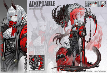 1girl 2020 adoptable allosauc artist_name asymmetrical_skirt bandaged_chest bell black_corset black_footwear black_horns black_skirt breasts chain reference_sheet close-up closed_mouth commentary corset cuffs deviantart_username english_commentary english_text frown fur-trimmed_hood fur_trim genderswap genderswap_(mtf) gradient_background grey_background high_heels highres holding holding_scythe hood hood_down hooded_jacket horns humanization jacket jingle_bell krampus large_breasts light_blush long_sleeves looking_at_viewer medium_hair medium_skirt monster multiple_views open_clothes open_jacket original pale_skin pointy_ears polka_dot polka_dot_background projected_inset puffy_long_sleeves puffy_sleeves red_eyes red_jacket red_sleeves scythe shackles simple_background single_bare_leg skirt spiked_anklet spikes straight_hair triangle_background white_hair