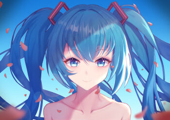 1girl absurdres blue_background blue_eyes blue_hair collarbone commentary falling_petals gradient_background hatsune_miku highres hongdouni long_hair looking_at_viewer petals smile solo twintails two-tone_background upper_body vocaloid