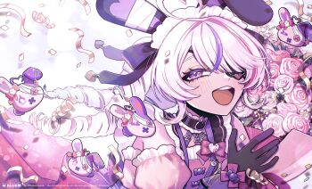1girl absurdres ahoge animal_ears artist_name black_bow black_gloves bouquet bow confetti dress drill_hair eyepatch fake_animal_ears flower frilled_dress frills gloves half-closed_eyes heart heart_ahoge highres holding holding_bouquet long_hair looking_at_viewer maid maid_headdress maria_marionette maria_marionette_(maid) marippet_(maria_marionette) multicolored_hair natchan_blue_(nanairopenki) nijisanji nijisanji_en open_mouth pink_eyes pink_hair puffy_sleeves purple_hair rabbit_ears smile streaked_hair teeth twin_drills twitter_username upper_teeth_only virtual_youtuber