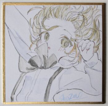 Rule 34 | 1girl, absurdres, arm up, black bow, blush, bow, brown eyes, brown hair, collared shirt, commentary request, dress shirt, hand up, hatoba tsugu, highres, long sleeves, photo (medium), puffy long sleeves, puffy sleeves, sha2mo, shikishi, shirt, signature, solo, suspenders, traditional media, tsugu (vtuber), virtual youtuber, white shirt