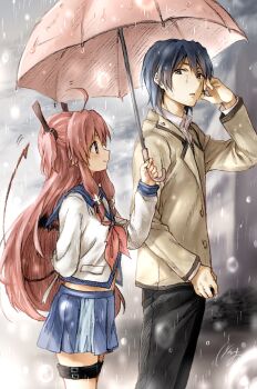 1boy 1girl ahoge angel_beats! arm_behind_back black_pants blue_hair blue_skirt commentary_request cowboy_shot cross_hair_ornament demon_tail fake_tail from_side hair_ornament haru_hina hetero highres hinata_hideki holding holding_umbrella jacket long_hair long_sleeves midriff_peek neckerchief pants parted_lips pink_hair pink_neckerchief pink_umbrella pleated_skirt rain school_uniform shared_umbrella shinda_sekai_sensen_uniform shirt short_hair signature skirt tail thigh_strap two_side_up umbrella white_shirt yellow_jacket yui_(angel_beats!)