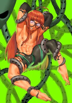 1boy armpits arms_behind_head barefoot black-framed_eyewear blunt_bangs bulge cessa commission genderswap genderswap_(ftm) green_background highres long_hair male_focus navel oracle_(persona_5) orange_hair parted_lips persona persona_5 sakura_futaba solo tentacle_grab tentacles topless_male